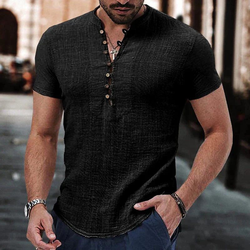 Henley Shirt Heren Katoen Linnen Mix Slim Fit Korte Mouw