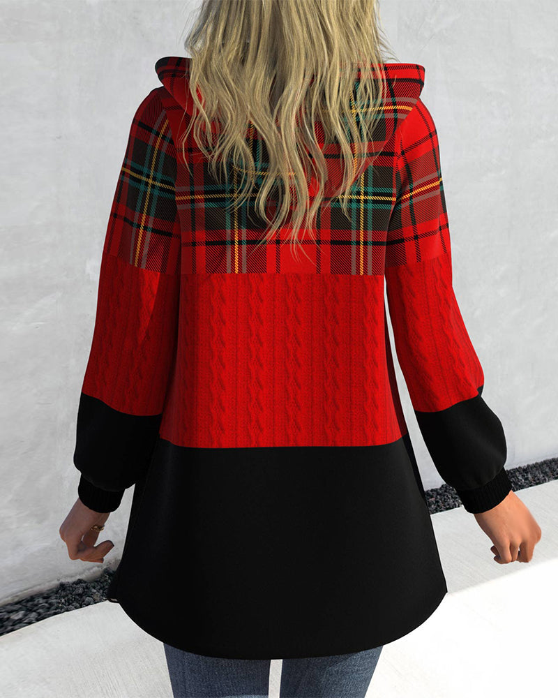 Dames Geruite Jas Met Capuchon En Rits Katoenmix Patchwork Zak - Tussenjas