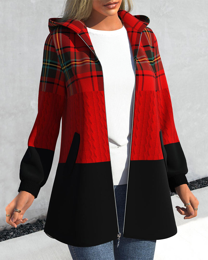 Dames Geruite Jas Met Capuchon En Rits Katoenmix Patchwork Zak - Tussenjas