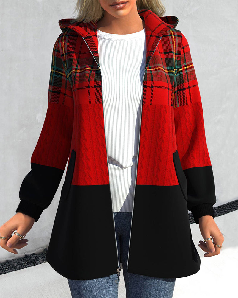 Dames Geruite Jas Met Capuchon En Rits Katoenmix Patchwork Zak - Tussenjas