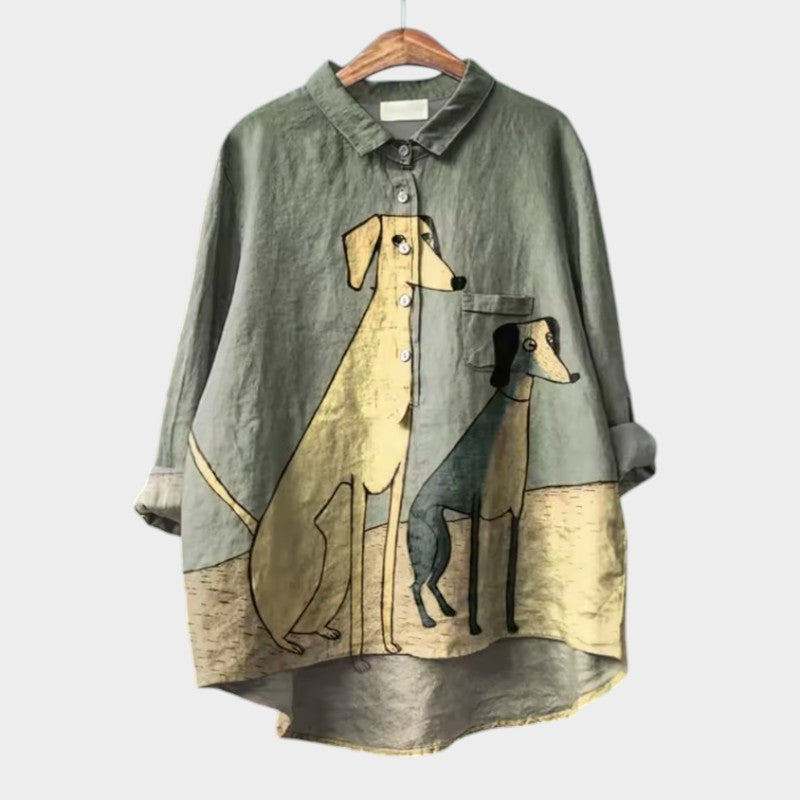 Damesblouse Met Hondenprint Kleurrijk Comfortabel Stofblend