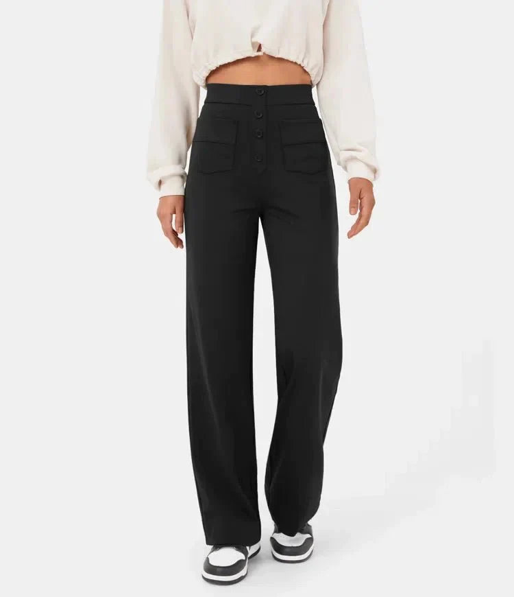 Dames Wijde Pantalon Hoge Taille Met Knoopdetail Relaxed Fit Volledige Lengte Voor Iedere Gelegenheid
