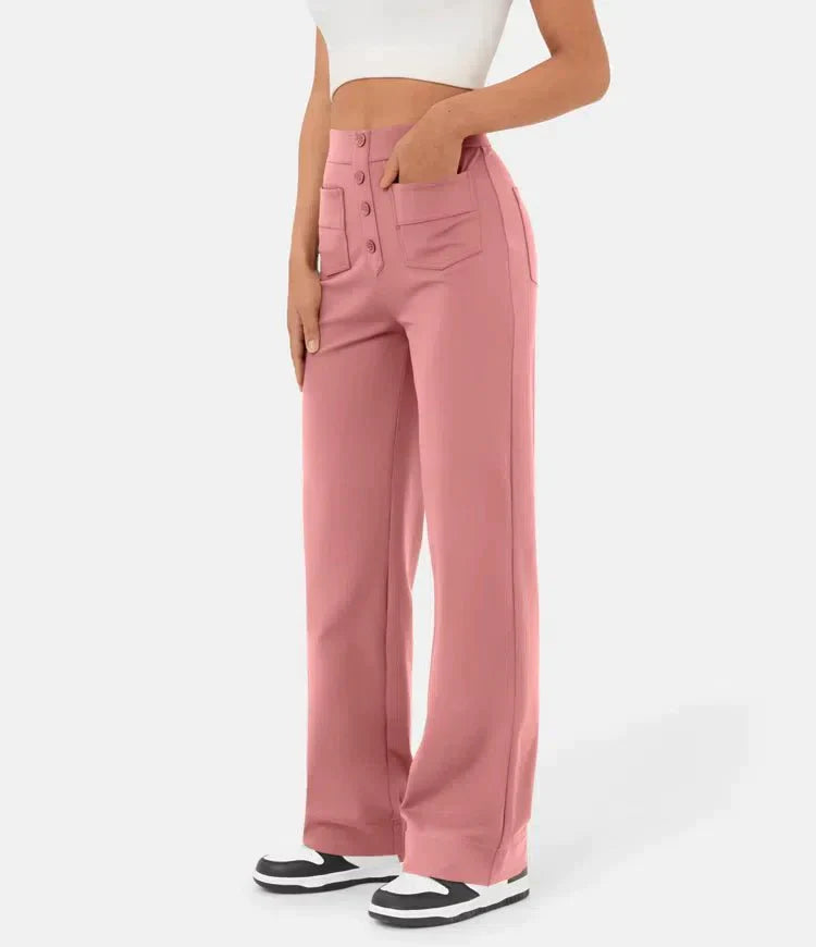 Dames Wijde Pantalon Hoge Taille Met Knoopdetail Relaxed Fit Volledige Lengte Voor Iedere Gelegenheid