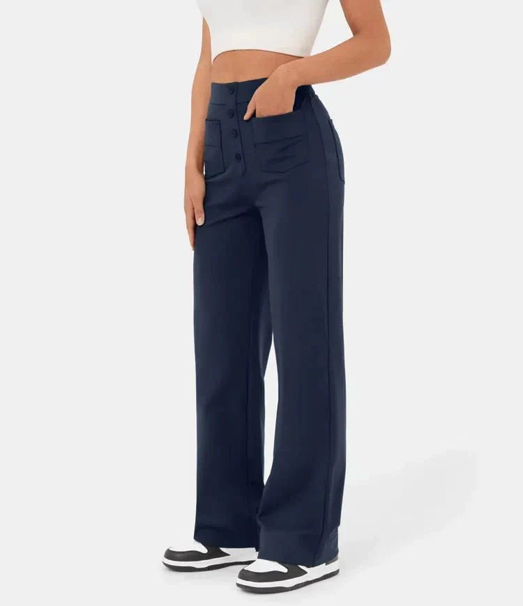 Dames Wijde Pantalon Hoge Taille Met Knoopdetail Relaxed Fit Volledige Lengte Voor Iedere Gelegenheid