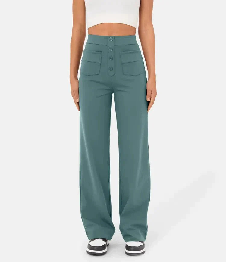 Dames Wijde Pantalon Hoge Taille Met Knoopdetail Relaxed Fit Volledige Lengte Voor Iedere Gelegenheid