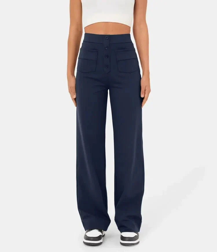 Dames Wijde Pantalon Hoge Taille Met Knoopdetail Relaxed Fit Volledige Lengte Voor Iedere Gelegenheid