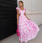Dames Maxi Jurk - Diepe V-Hals - Ruches Mouw - A-lijn Pasvorm - Bloemenprint