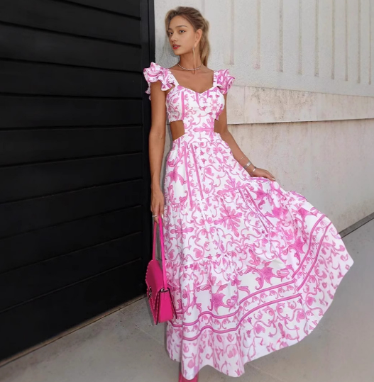 Dames Maxi Jurk - Diepe V-Hals - Ruches Mouw - A-lijn Pasvorm - Bloemenprint