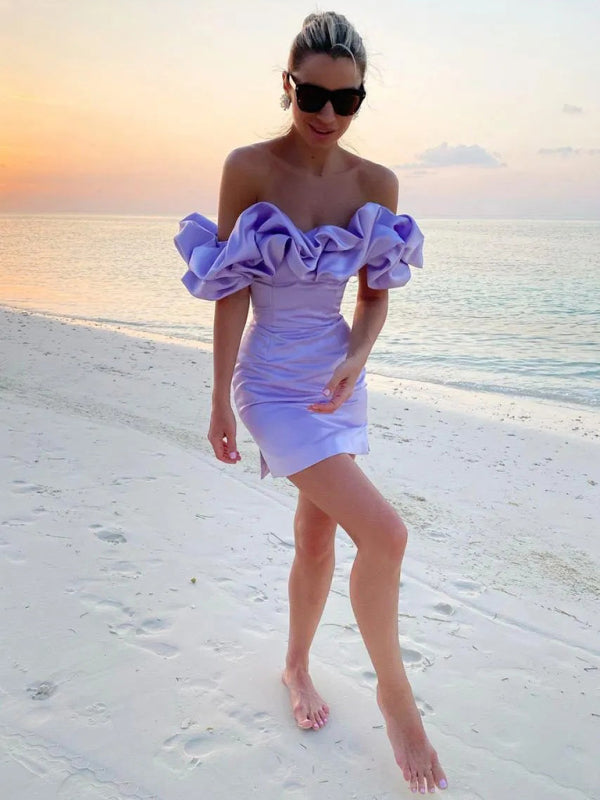 Avondjurk Off Shoulder Ruffle Detail Getailleerde Pasvorm