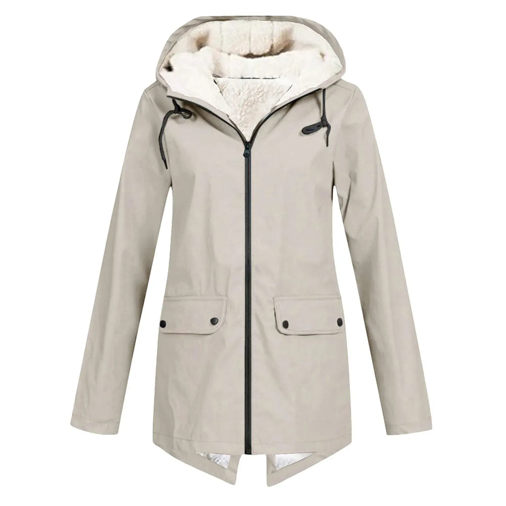 Trenchcoat Dames Waterdicht Fleece Voering Met Kap Lengte