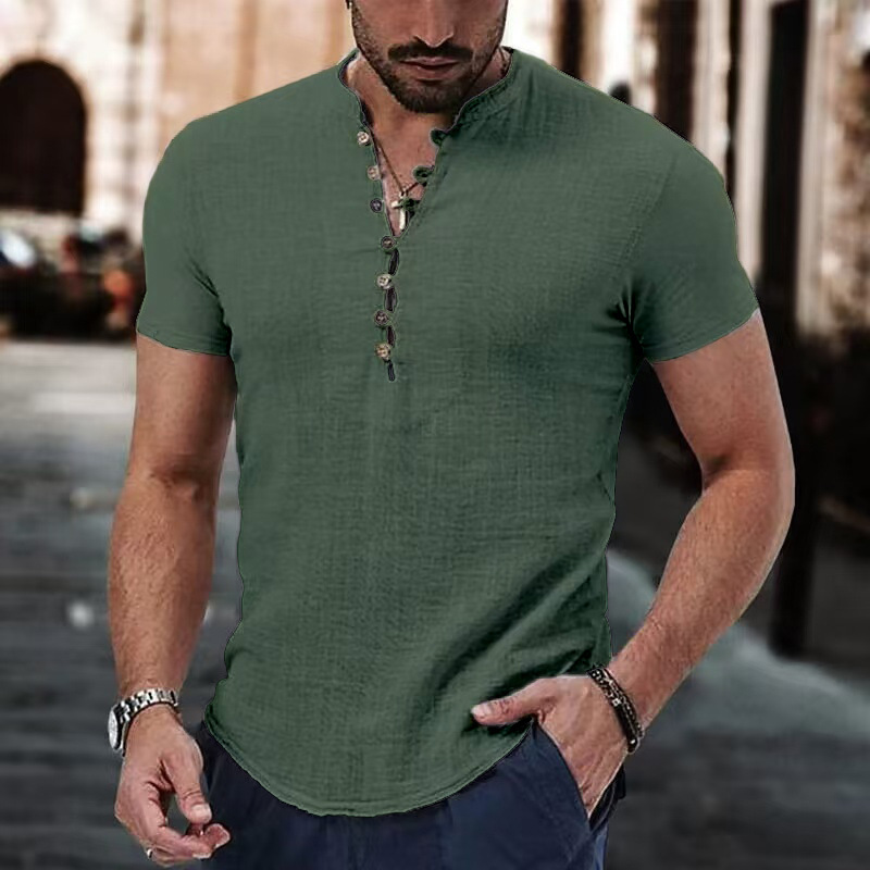 Henley Shirt Heren Katoen Linnen Mix Slim Fit Korte Mouw