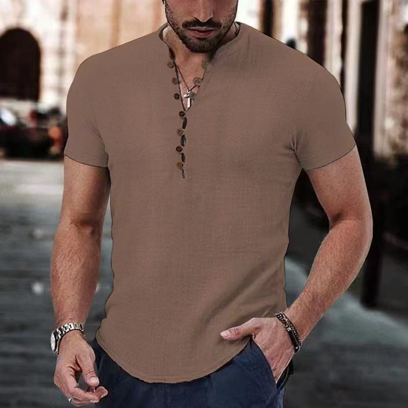 Henley Shirt Heren Katoen Linnen Mix Slim Fit Korte Mouw