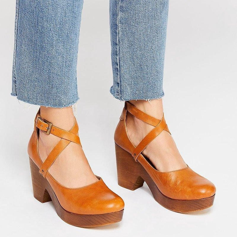 Wedge Hak Schoenen Dames Gesloten Neus Enkelsluiting Leren