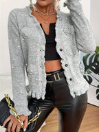 Dames Cardigan Bloemendecor met gekralen knoop en V-hals