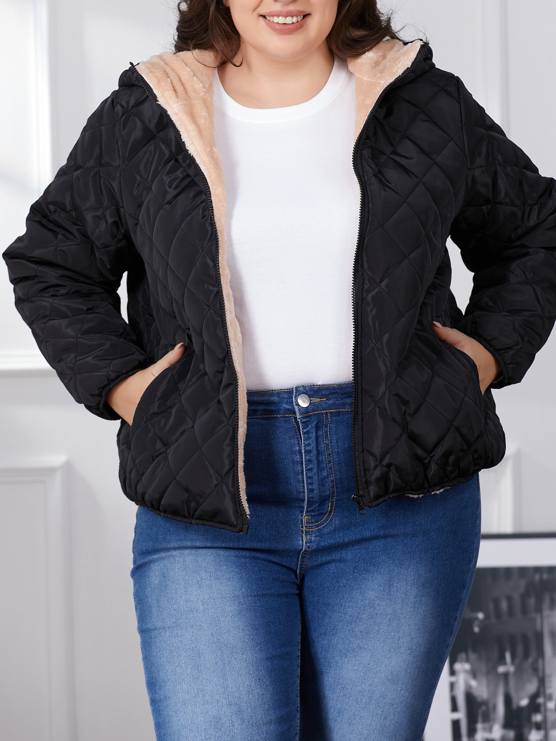 Dames Gewatteerde Jas Plus Size Kleurblok Met Capuchon Katoenmix