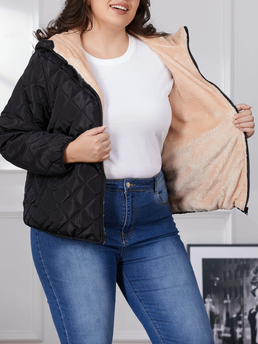 Dames Gewatteerde Jas Plus Size Kleurblok Met Capuchon Katoenmix