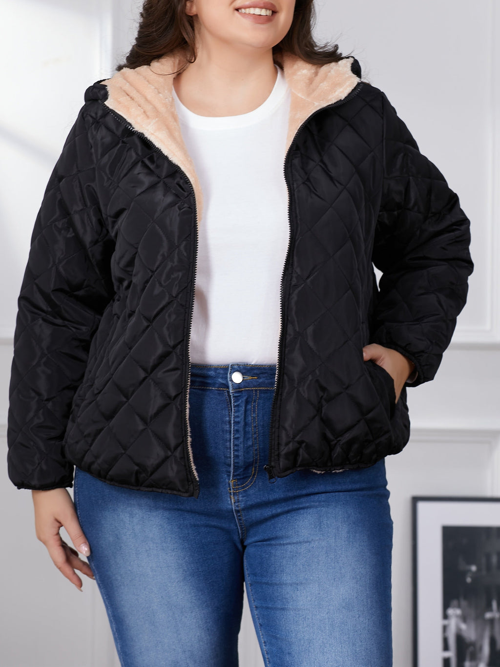 Dames Gewatteerde Jas Plus Size Kleurblok Met Capuchon Katoenmix