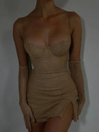 Sparkling Mesh Slip Mini Jurk met Zijsplit