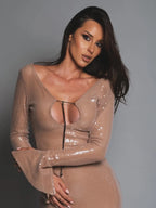 Langere Mouwen Doorzichtige Nude Pailletten Bodycon Jurk