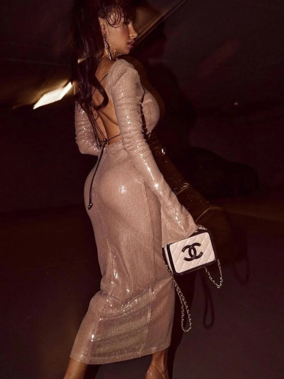 Langere Mouwen Doorzichtige Nude Pailletten Bodycon Jurk