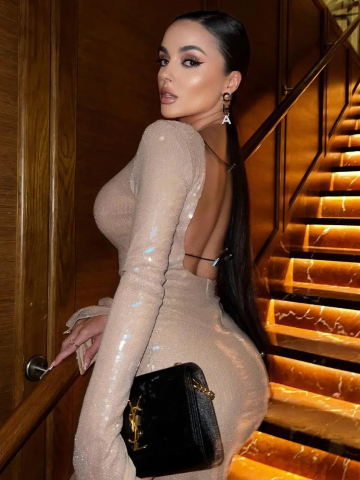 Langere Mouwen Doorzichtige Nude Pailletten Bodycon Jurk