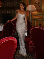 Glanzende Rhinestone Bodycon Rugloze Maxi-jurk voor Avonden