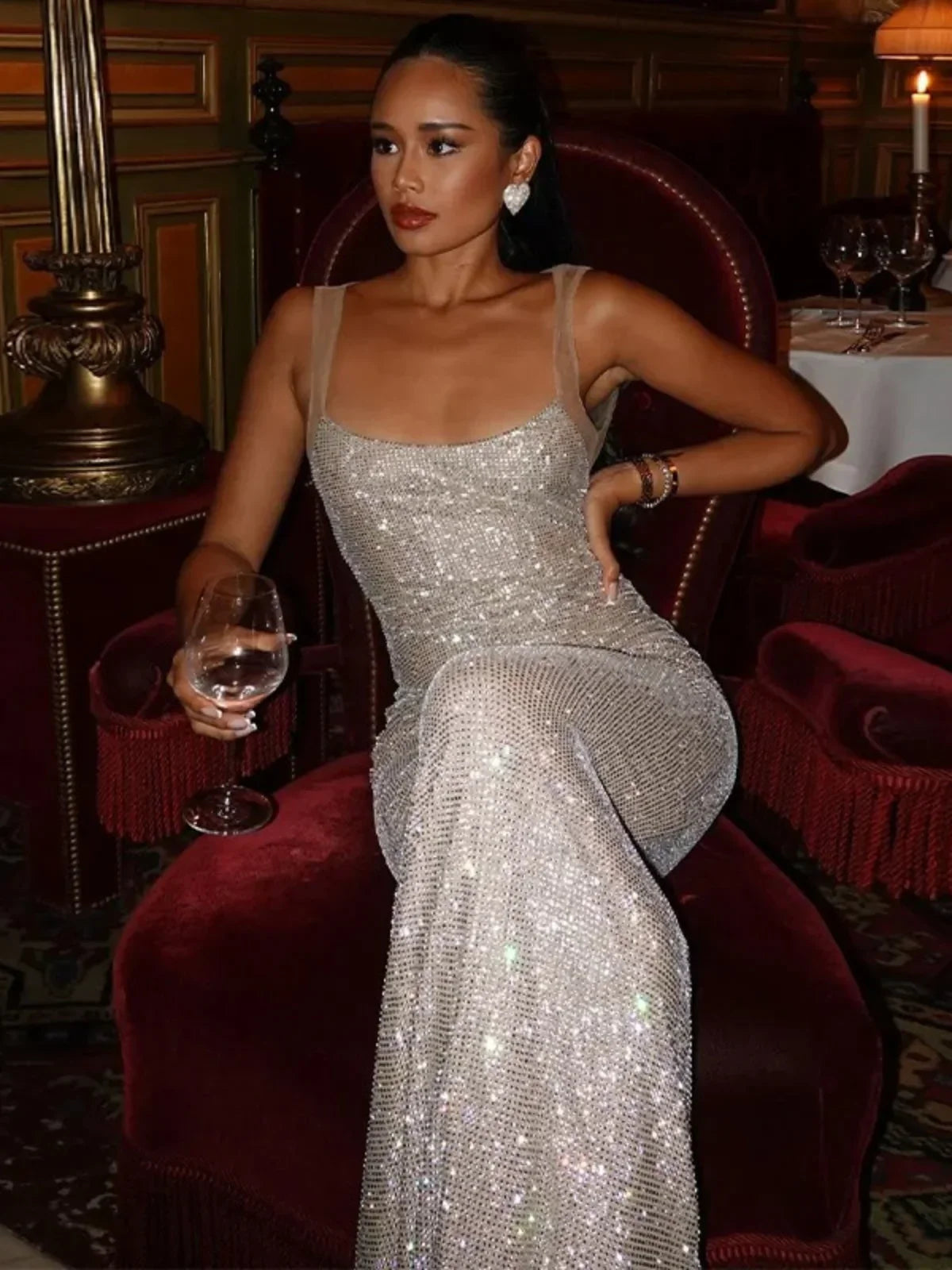 Glanzende Rhinestone Bodycon Rugloze Maxi-jurk voor Avonden