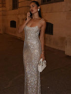 Glanzende Rhinestone Bodycon Rugloze Maxi-jurk voor Avonden