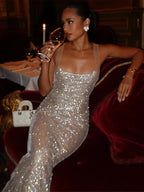 Glanzende Rhinestone Bodycon Rugloze Maxi-jurk voor Avonden