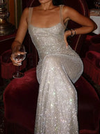 Glanzende Rhinestone Bodycon Rugloze Maxi-jurk voor Avonden