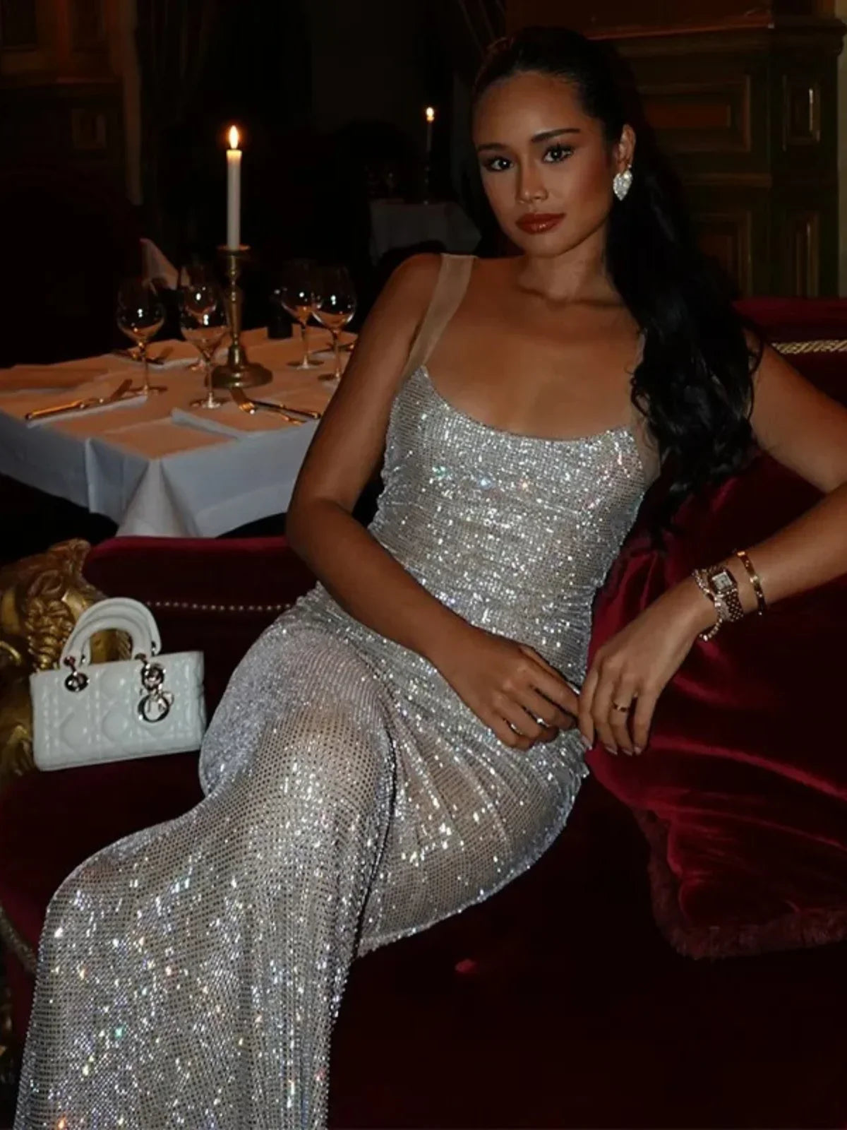 Glanzende Rhinestone Bodycon Rugloze Maxi-jurk voor Avonden