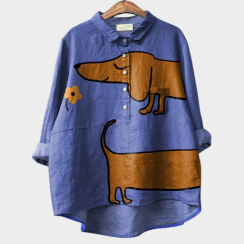 Damesblouse Met Hondenprint Kleurrijk Comfortabel Stofblend