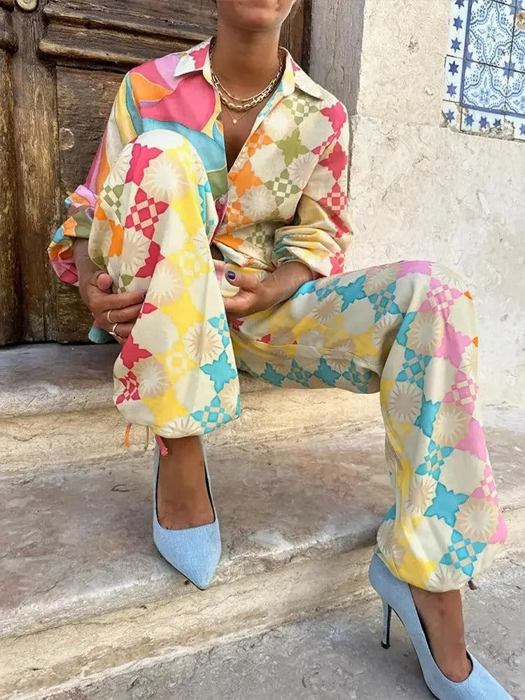 Dames Jumpsuit – Relaxte Pasvorm – Geometrisch Patroon – Ademend – Shirtkraag – Lange Mouwen