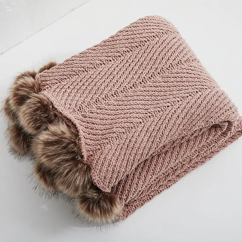Grofgebreide Chenille-deken met schattige pompons