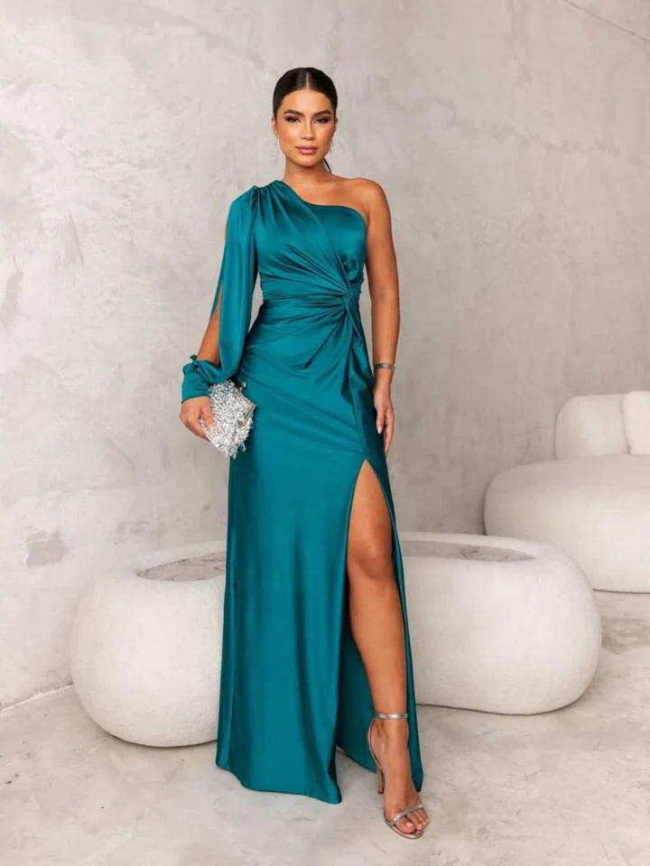 Dani Elegante Satijnen Schouderjurk voor Dames met Asymmetrisch Ontwerp en Luxe Afwerking voor Gala's Bruiloften en Feestelijke Evenementen