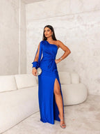 Dani Elegante Satijnen Schouderjurk voor Dames met Asymmetrisch Ontwerp en Luxe Afwerking voor Gala's Bruiloften en Feestelijke Evenementen