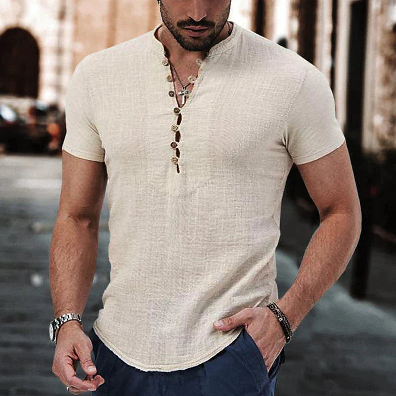 Henley Shirt Heren Katoen Linnen Mix Slim Fit Korte Mouw