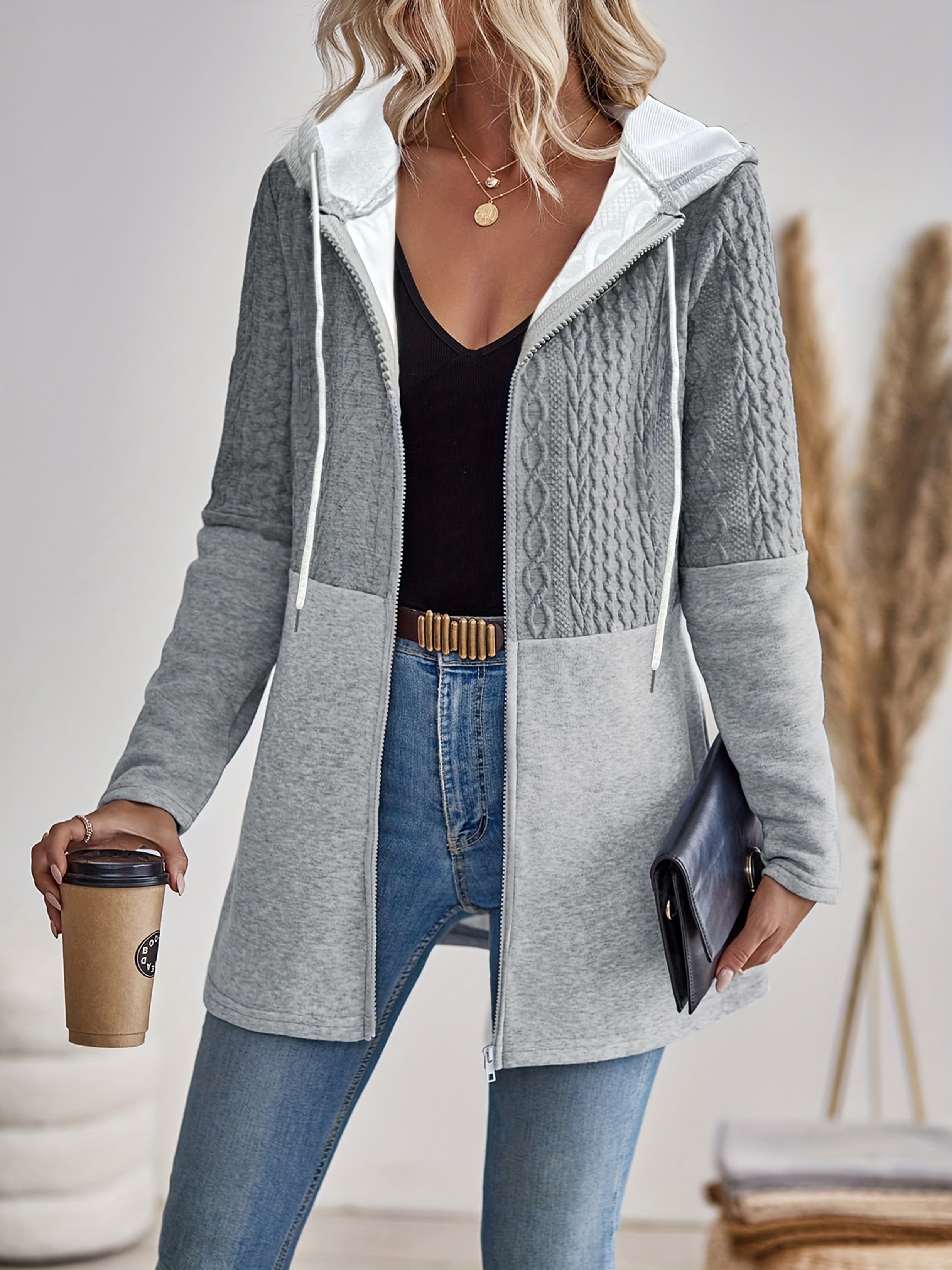 Dames Casual Kleurblok Hoodie Jas Katoenmix Licht Elastisch - Tussenjas