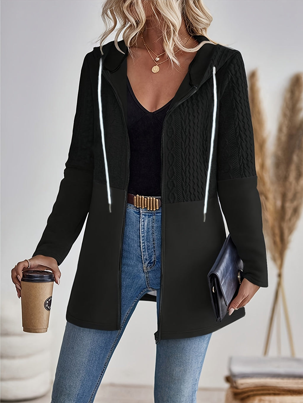 Dames Casual Kleurblok Hoodie Jas Katoenmix Licht Elastisch - Tussenjas