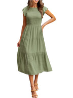 Dames Smocked Ruffle Vlinder Mouw A-Lijn Midi Jurk