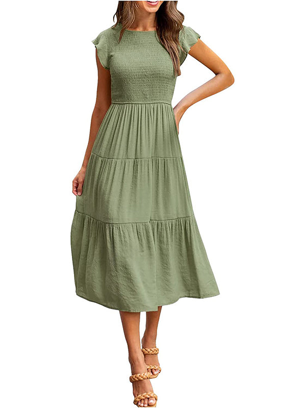 Dames Smocked Ruffle Vlinder Mouw A-Lijn Midi Jurk