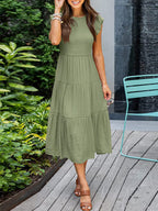 Dames Smocked Ruffle Vlinder Mouw A-Lijn Midi Jurk