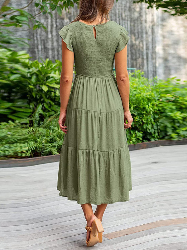 Dames Smocked Ruffle Vlinder Mouw A-Lijn Midi Jurk
