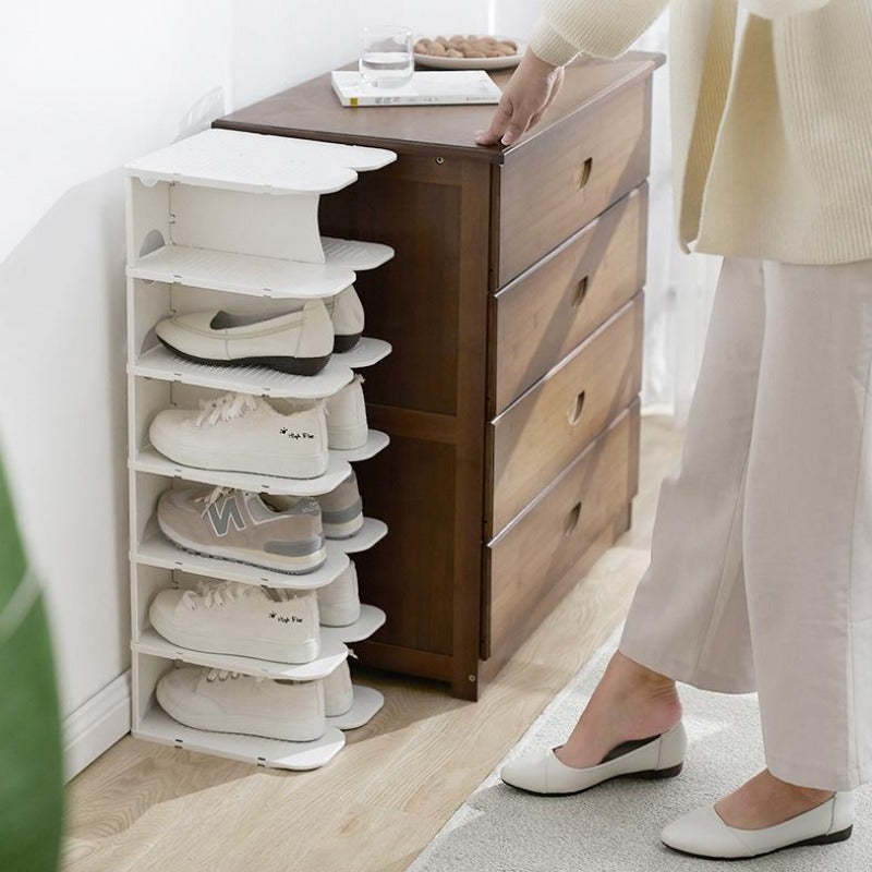 Modulaire 6-laags Schoenenopbergplanken – Stapelbare en Inklapbare Organizer van Duurzaam Polypropyleen in Beige, Grijs of Wit