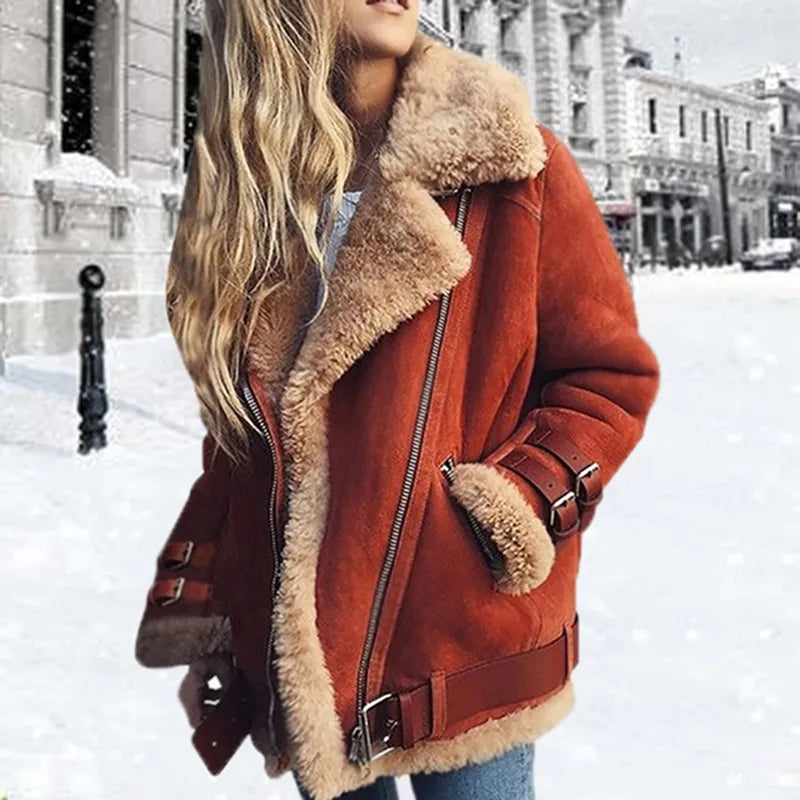 Dames Shearling Pilotenjack Met Gespen En Gezellige Voering