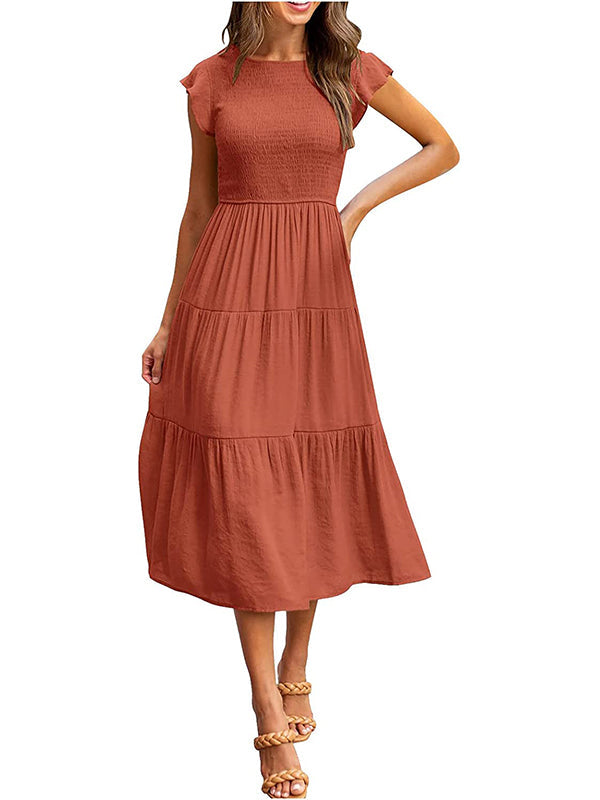 Dames Smocked Ruffle Vlinder Mouw A-Lijn Midi Jurk
