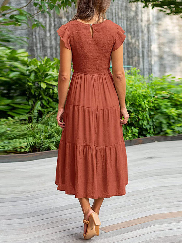 Dames Smocked Ruffle Vlinder Mouw A-Lijn Midi Jurk