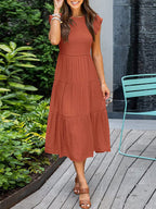 Dames Smocked Ruffle Vlinder Mouw A-Lijn Midi Jurk