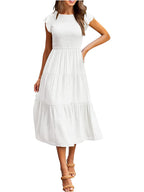 Dames Smocked Ruffle Vlinder Mouw A-Lijn Midi Jurk