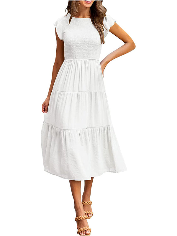 Dames Smocked Ruffle Vlinder Mouw A-Lijn Midi Jurk